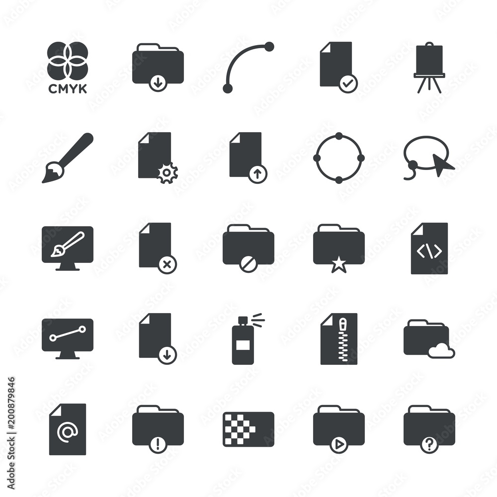 Poster modern simple set of folder, files, design vector fill icons. ..contains such icons as print, ink, a