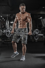 Fototapeta na wymiar Muscular man working out in gym doing exercises with dumbbells