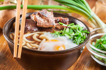 Japanese Udon noodles with beef, egg, green onion and soup
