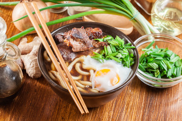 Japanese Udon noodles with beef, egg, green onion and soup