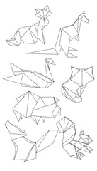 Set of polygonal contour animals. Black and white vector elements for your design