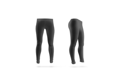 Blank black leggings mockup, front and side view, isolated. Women grey leggins template. Cloth pants design presentation. Sport pantaloons stretch tights model wearing. - obrazy, fototapety, plakaty