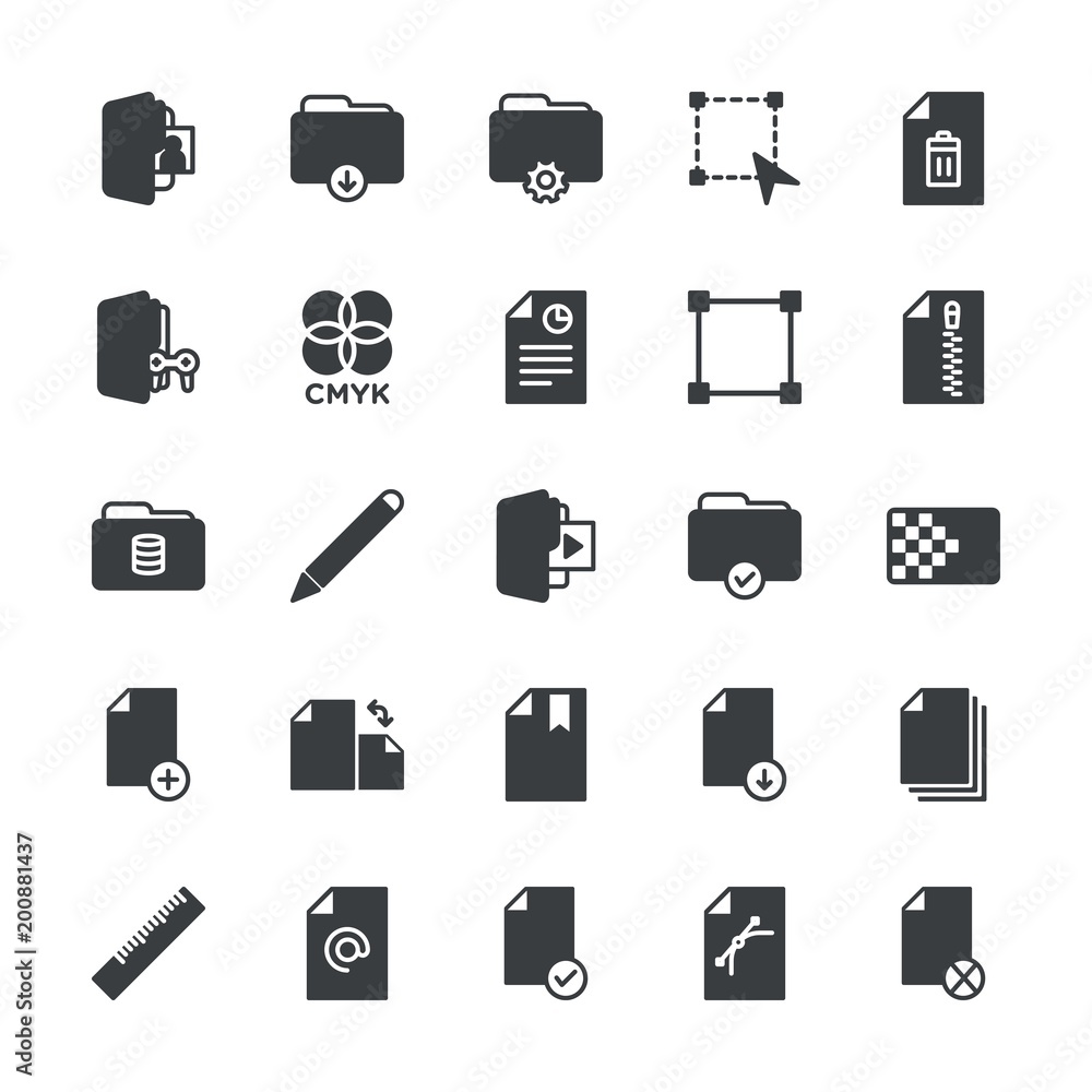 Poster modern simple set of folder, files, design vector fill icons. ..contains such icons as design, cmyk,