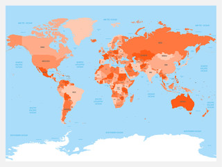 World map atlas. Red colored political map with blue seas and oceans. Vector illustration.