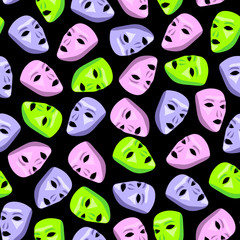 Seamless pattern with pink, green, and purple alien face masks. Halloween illustration. Black background.