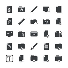 Modern Simple Set of folder, files, design Vector fill Icons. ..Contains such Icons as  attach,  tool,  pen,  zip, folder,  file,  symbol and more on white background. Fully Editable. Pixel Perfect.