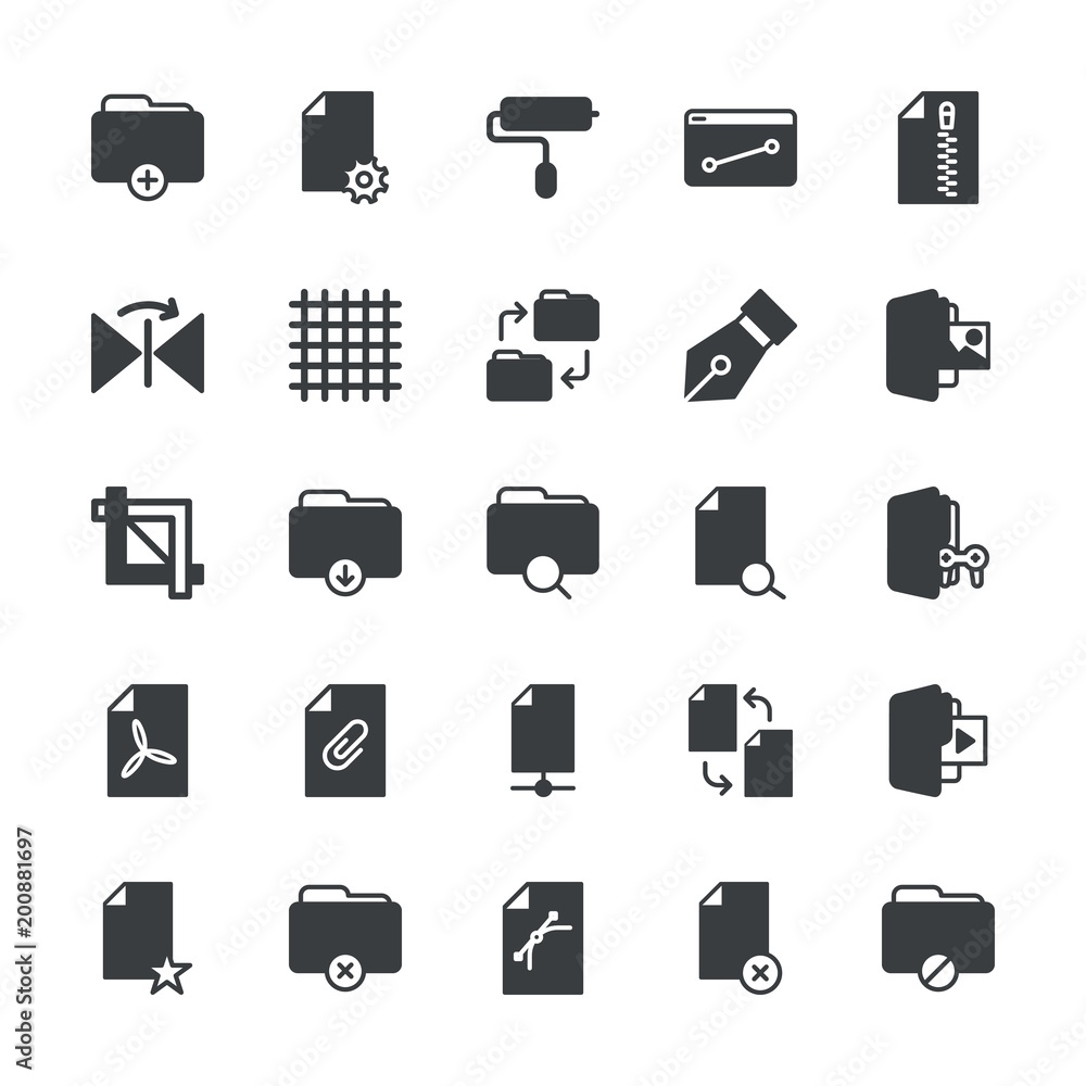 Poster modern simple set of folder, files, design vector fill icons. ..contains such icons as roller, gridl