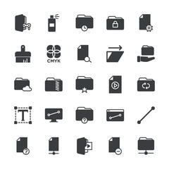 Modern Simple Set of folder, files, design Vector fill Icons. ..Contains such Icons as  zip,  web,  spray,  symbol,  game, multimedia, cmyk and more on white background. Fully Editable. Pixel Perfect.