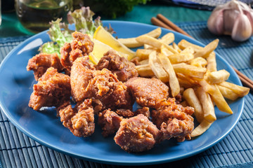 Crispy chicken karaage served with french fries