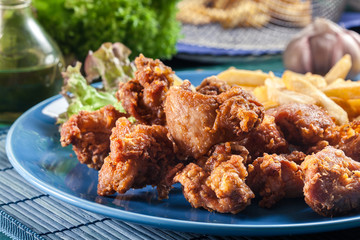 Crispy chicken karaage served with french fries