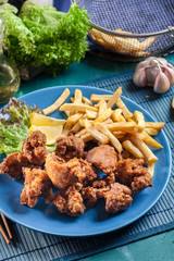Crispy chicken karaage served with french fries