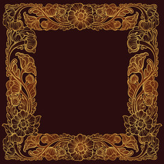 Lotus flowers arranged in intricate square frame. Popular decorative motif in South-Eastern Asia. Tattoo design. Luxury golden linear drawing on a dark brown background. EPS10 vector illustration