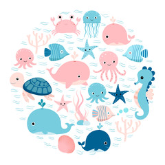 Fototapeta premium Wektor grupa zwierząt morskich i stworzeń podwodnych w kształcie koła na kartki, tła i projekty dla dzieci