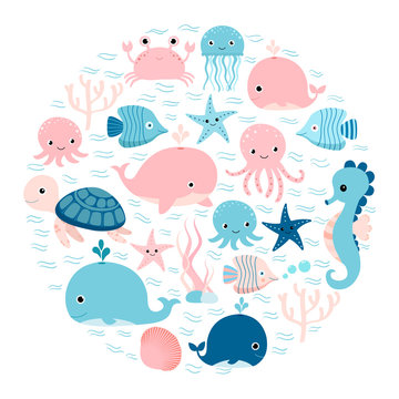 Vector group of sea animals and underwater creatures in circle shape for greeting cards, backgrounds and children designs