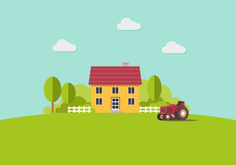 country house and Tractor, country landscape, trendy flat style vector design template