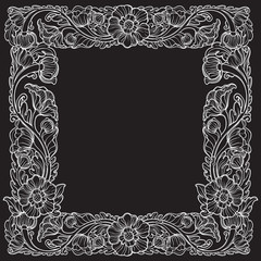 Obraz premium Lotus flowers arranged in intricate square frame. Popular decorative motif in South-Eastern Asia. Tattoo design. Linear drawing isolated on black background. EPS10 vector illustration