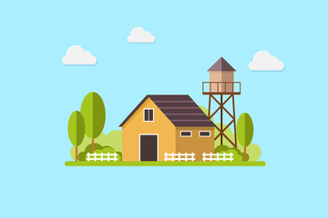 Cute residential country house and water tank, country landscape, trendy flat style vector design template