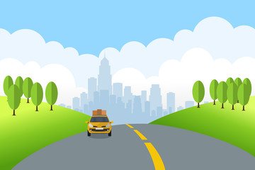 Cartoon landscape with travel car rides on the road of Summer.