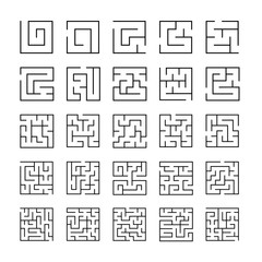 Set of outlined maze icons with different difficulty