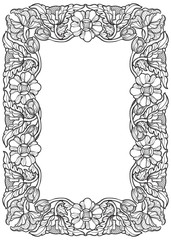 Lotus flowers arranged in intricate rectangular frame. Popular decorative motif in South-Eastern Asia. Tattoo design. Linear drawing isolated on white background. EPS10 vector illustration