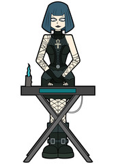 Goth woman keyboardist playing on synthesizer/ Illustration music band cartoon character in goth subculture outfit 