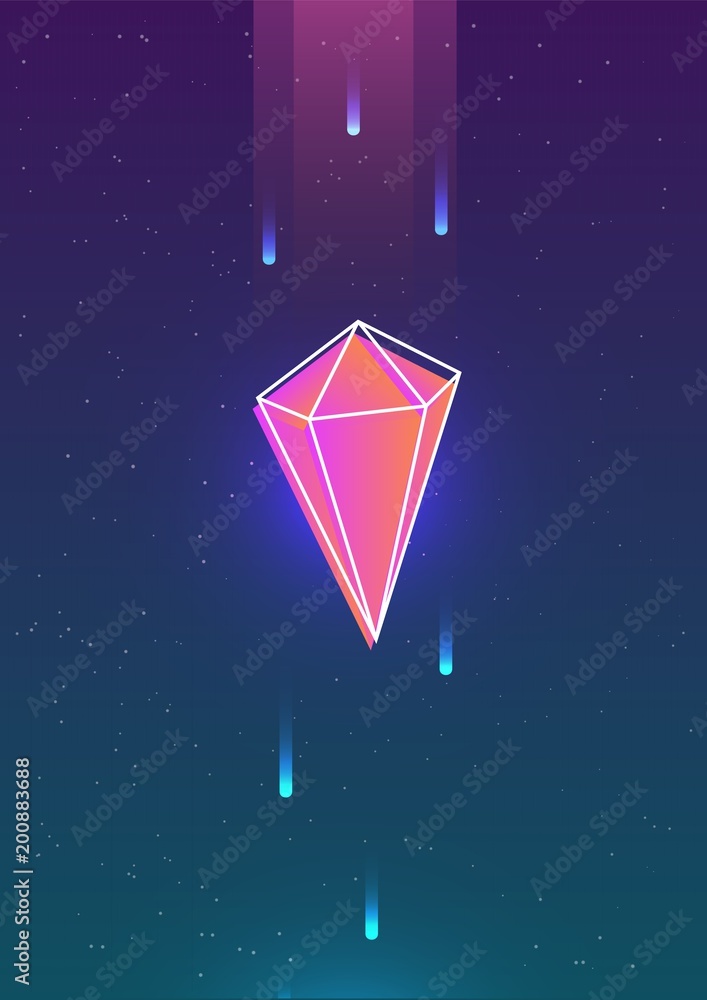 Poster futuristic vertical backdrop with neon colored falling gem or geometric figure and its outline again
