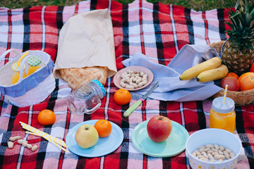 Basket Setting Food Fruit Checkered Plaid Picnic Grass Summer Time Rest Background Top View