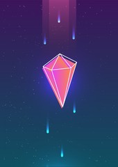 Futuristic vertical backdrop with neon colored falling gem or geometric figure and its outline against beautiful sky with stars on background. Colorful vector illustration in creative hipster style