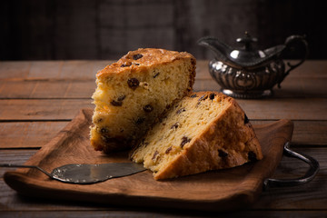 slices of home made cake on wooden plate