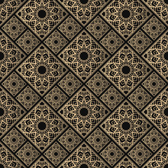 Seamless pattern oriental ornament. Black and golden textile print. Islamic vector design. Floral tiles.