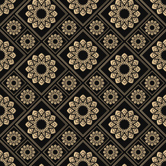 Seamless pattern oriental ornament. Black and golden textile print. Islamic vector design. Floral tiles.