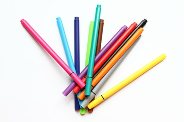 Color pen. Pile with color pens isolated on white background. Color background texture, felt-pen activity. Children school fun time. Students painting time. School supplies. Drawing supplies. No sharp
