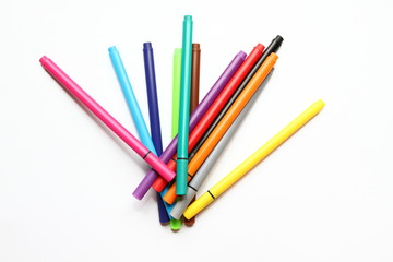 Color pen. Pile with color pens isolated on white background. Color background texture, felt-pen activity. Children school fun time. Students painting time. School supplies. Drawing supplies. No sharp