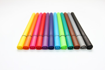 Color pen. Pile with color pens isolated on white background. Color background texture, felt-pen activity. Children school fun time. Students painting time. School supplies. Drawing supplies. No sharp