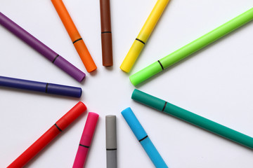 Color pen. Pile with color pens isolated on white background. Color background texture, felt-pen activity. Children school fun time. Students painting time. School supplies. Drawing supplies. No sharp