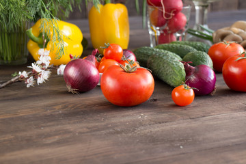 Onions, peppers, dill, tomatoes, cucumbers, radishes, dill, rucola and mushrooms on a wooden dark background