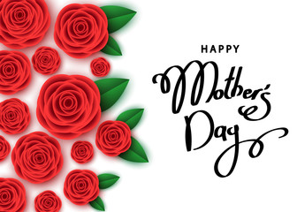 Happy mother's day banner  with red roses, hand-drawn lettering.