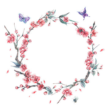 Watercolor spring round frame, blooming cherry