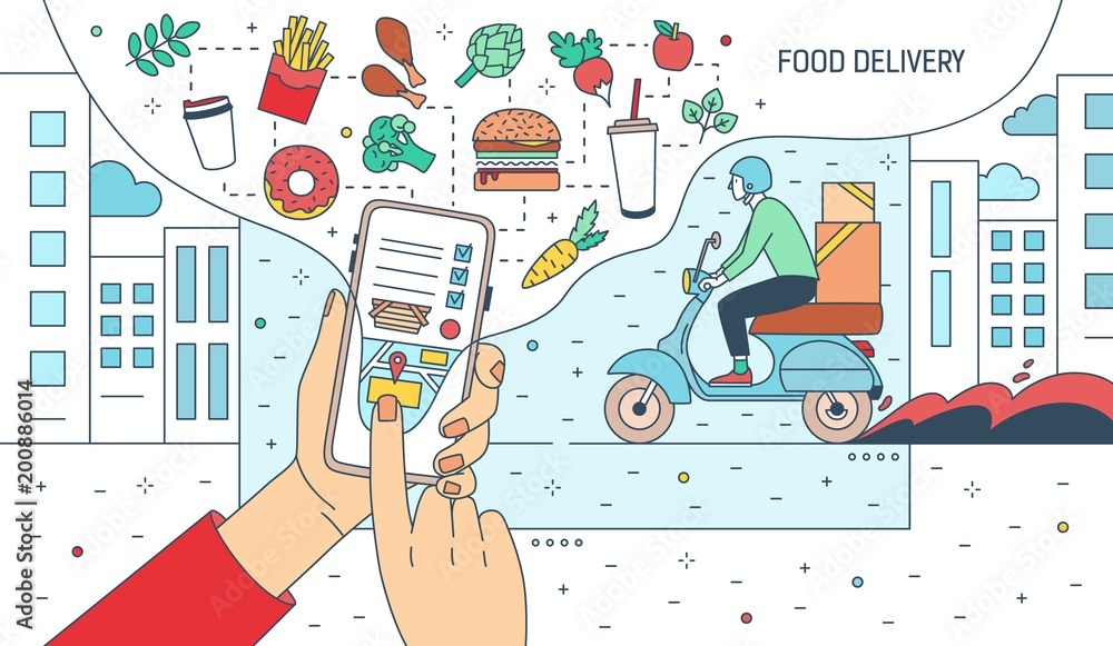 Poster modern banner with hands holding smartphone with food delivery service application or website on scr
