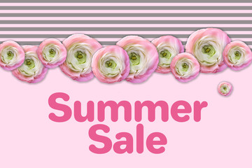 Summer sale banner with pink/green ranunculus flowers on pink-gray background with stripes. Card,...