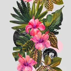 Türaufkleber Grafikdrucke Tropische Blumen des Aquarells auf geometrischem Hintergrund.