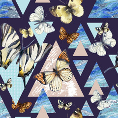 Watercolor triangles with butterfly and marble grunge textures