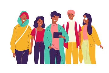 Fototapeta premium Happy friends watching video together. Group of young smiling men and women dressed in trendy clothes looking at tablet pc screen. Bright colored vector illustration in modern flat cartoon style.