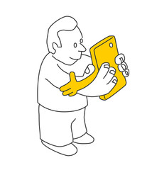 Cartoon of a happy man and his smart phone hugging each other. Smart phone, internet and social media addiction concept.