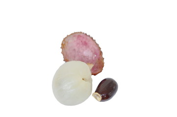 lychee tropical fruit peel out and seed on white background