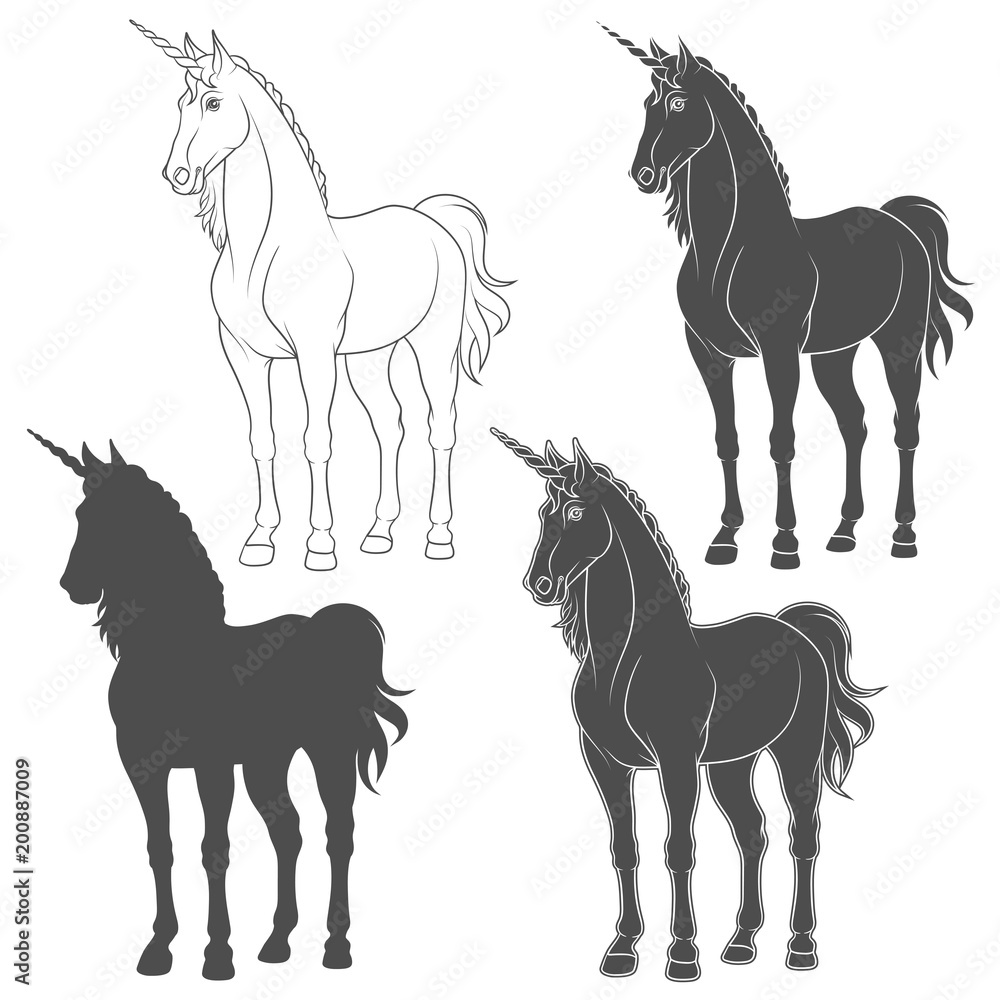 Poster set of black and white illustrations with a unicorn. isolated vector objects on white background.