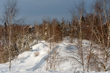 Winter rural road through the snow-covered forest