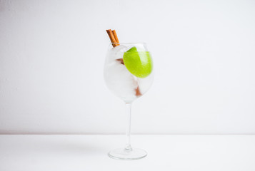 Gin with apple and cinnamon in wine glass. Selective focus.