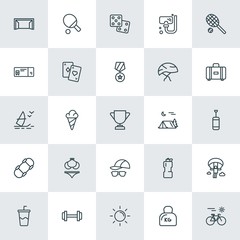 Modern Simple Set of sports, travel Vector outline Icons. ..Contains such Icons as parachute,  background,  extreme,  game,  kilogram, soda and more on white background. Fully Editable. Pixel Perfect.