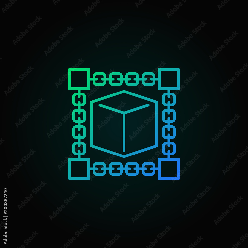 Poster cube inside blockchain concept blue vector outline symbol